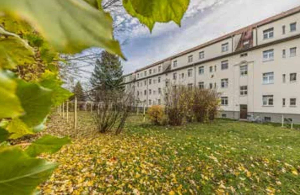 Groene tuin met herfstbladeren en gebouw