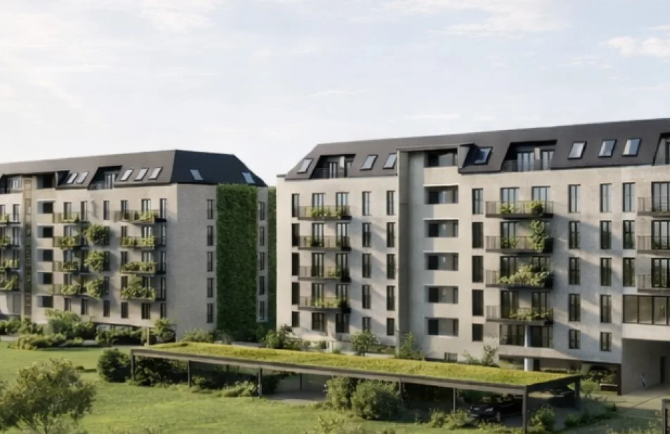 crooms² Dresden-Mickten – Gebäude mit begrünten Carports