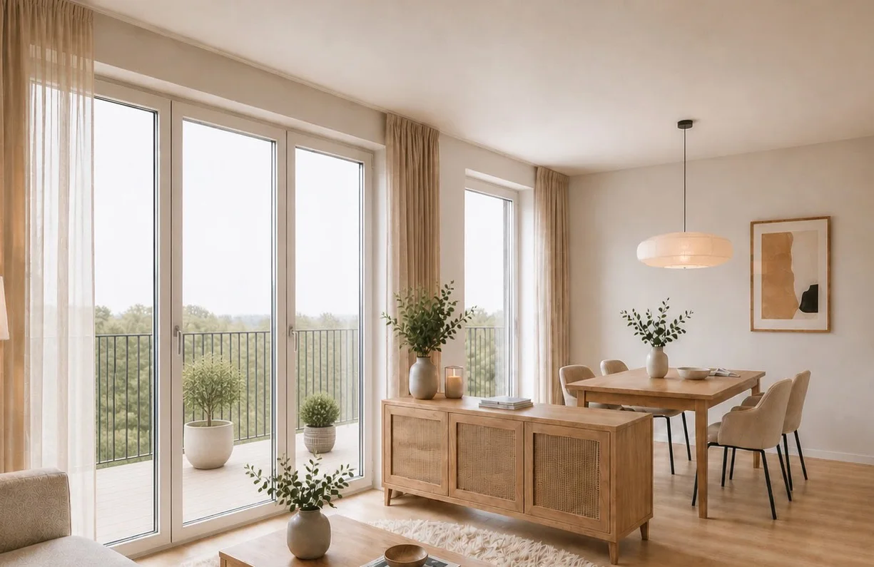 crooms² – Essbereich mit bodentiefen Fenstern